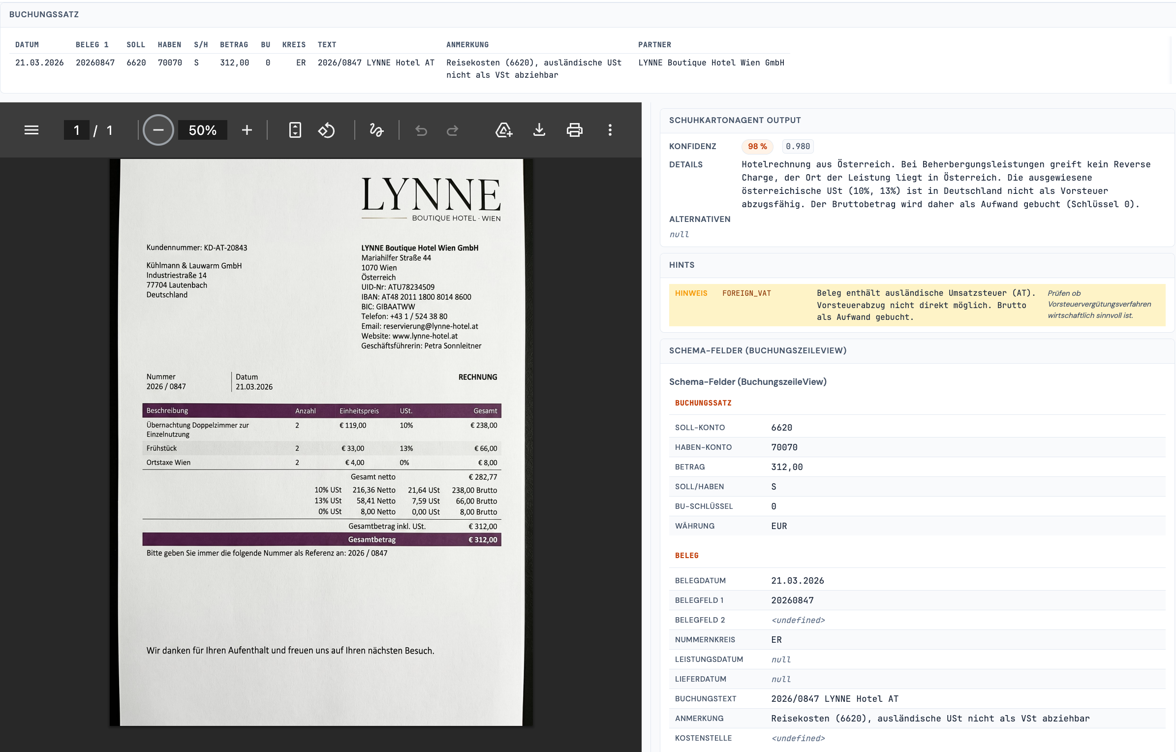 Detail-Ansicht: Hotelrechnung LYNNE Boutique Hotel Wien GmbH mit österreichischer USt. Buchungssatz 6620 → 70070, „steuerfrei