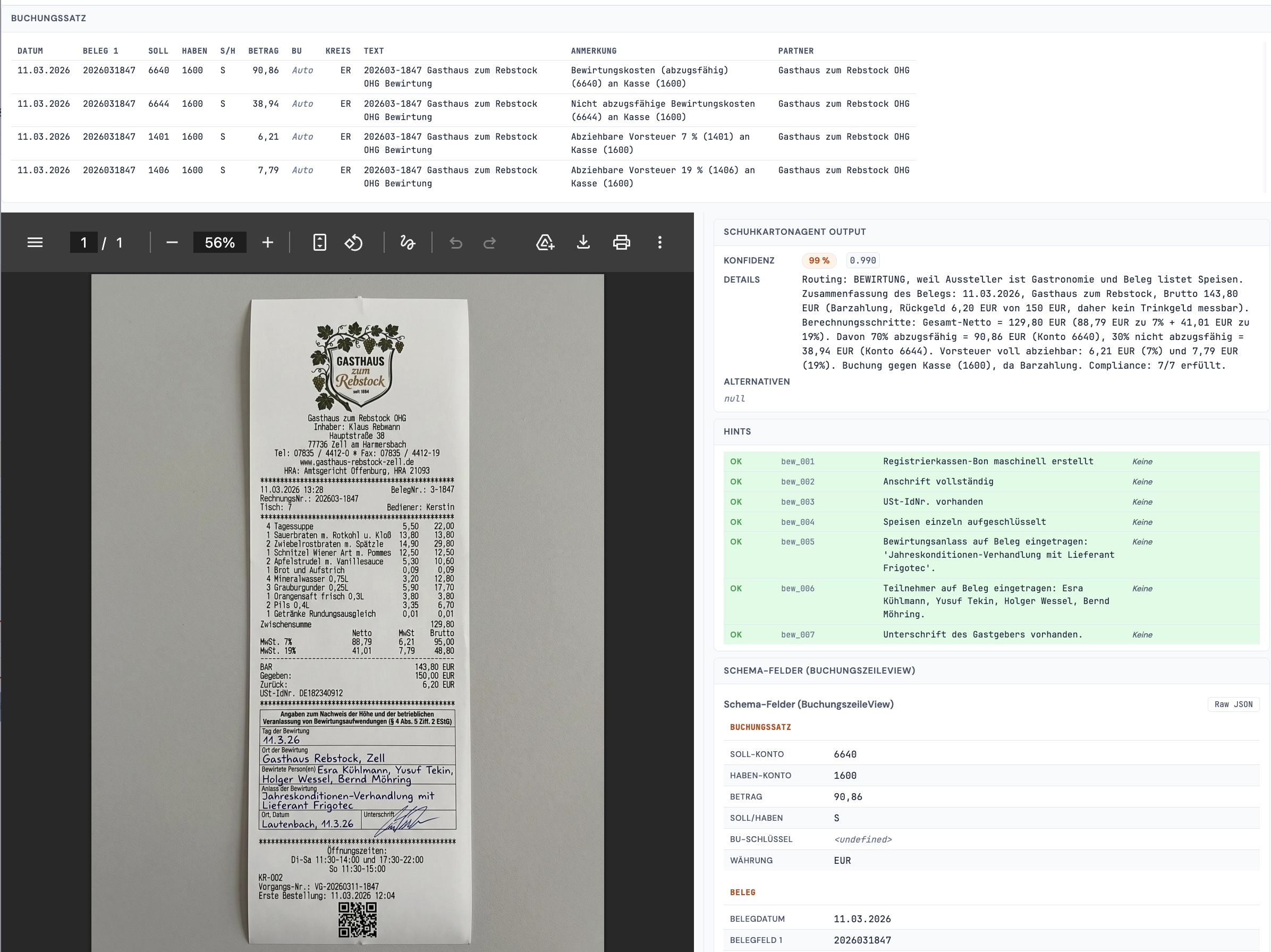 Detail-Ansicht: Restaurantbeleg Gasthaus Rebstock OHG mit ausgefülltem Bewirtungs-Stempelblock. Buchungssatz mit Splits (6640 abzugsfähig, 6644 nicht abzugsfähig, Vorsteuer-Splits). Rechts der SchuhkartonAgent-Output mit 95 % Konfidenz, sieben einzelnen OK-Hinweisen für die Pflichtangaben (Registrierkassen-Bon, Anschrift, USt-IdNr, Speisen aufgeschlüsselt, Bewirtungsdaten, Teilnehmer, Unterschrift) und dem Vermerk „7/7 erfüllt