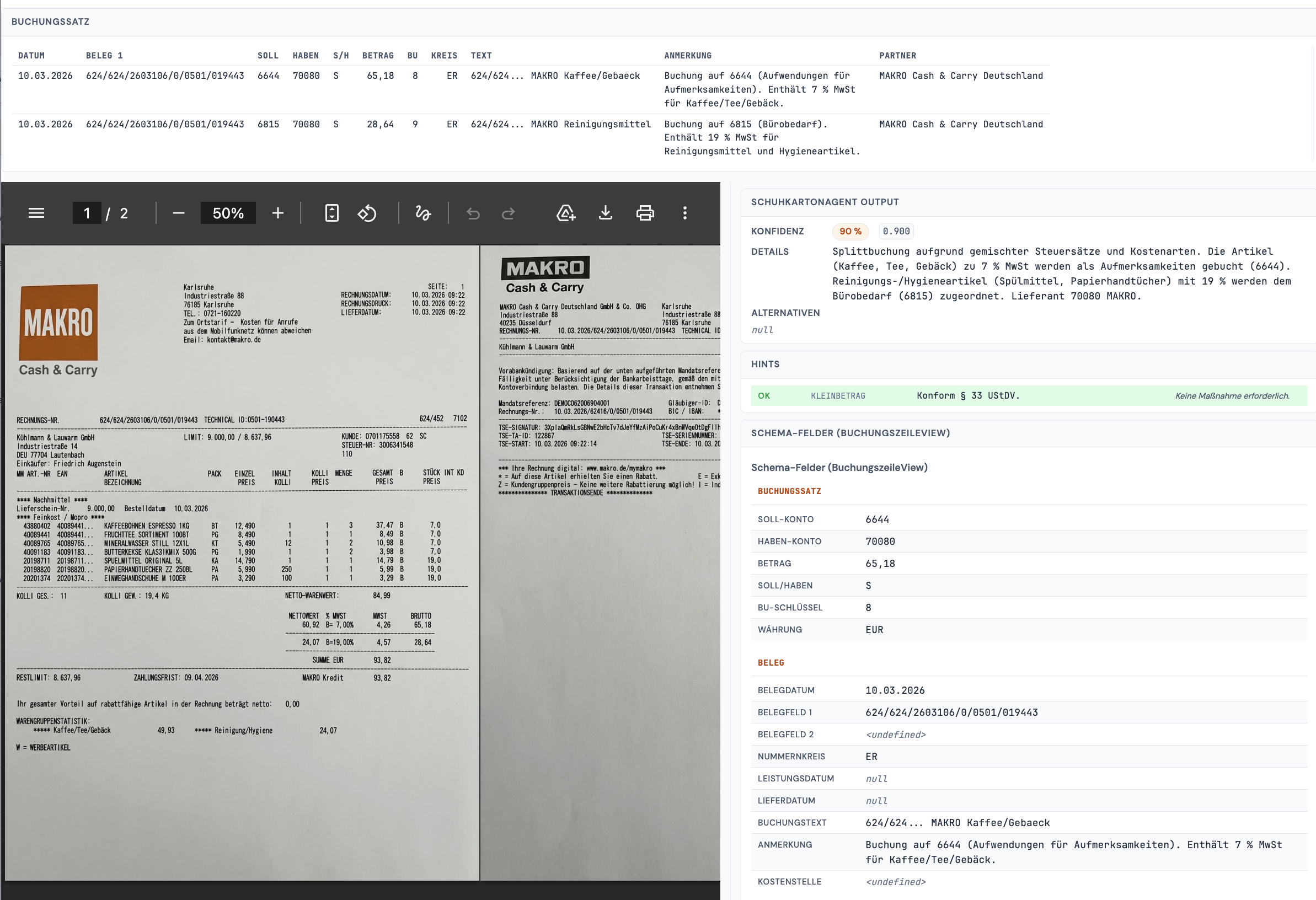 Detail-Ansicht: Mehrseitiger MAKRO Cash & Carry-Beleg mit zwei Buchungszeilen — 7 % USt für Kaffee/Tee/Gebäck und 19 % USt für Reinigungsmittel/Hygieneartikel. Rechts der SchuhkartonAgent-Output mit Begründung „Splittbuchung aufgrund gemischter Steuersätze und Artikelgruppen