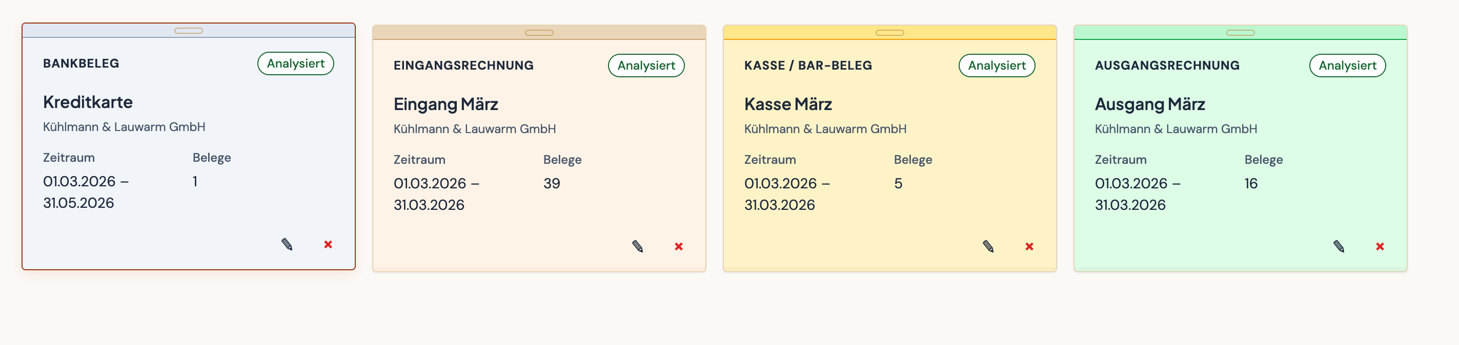 Vier Belegbox-Kacheln in der Übersicht: Bankbeleg (Kreditkarte, 1 Beleg), Eingangsrechnung (Eingang März, 39 Belege), Kasse/Bar-Beleg (Kasse März, 5 Belege) und Ausgangsrechnung (Ausgang März, 16 Belege) — jeweils mit Mandant Kühlmann & Lauwarm GmbH und Status „Analysiert